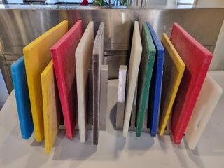 12x Assorted HDPE Plastic Cutting Boards w/ 2x Stainless Racks