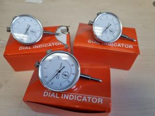 3x Dial Indicators, 0-10mm Range, New