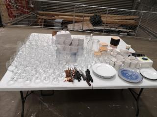 Assorted Lot of Cafe or Break room Wine & Drink Glasses, Plates, Cups, Utensils
