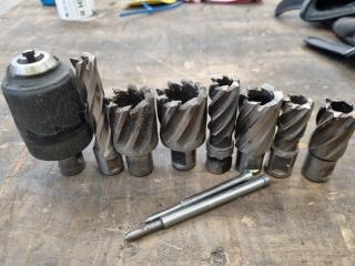 7x Assorted Annular Cutters + Keylees Drill Chuck
