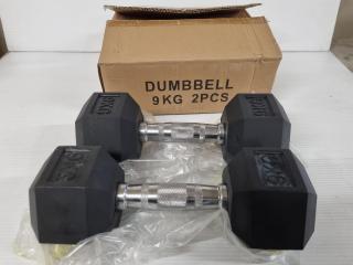 2x 9kg Hexagonal Dumbells, New