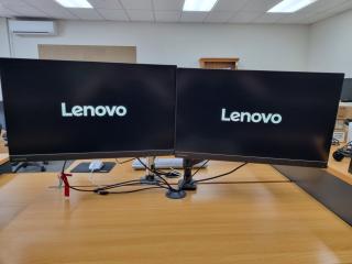 2x Lenovo 27" FHD LED Monitors w/ Dual Moniitor stand