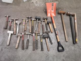 24x Assorted Sizes of Hammers, Mallets, Sledges, + Shovel