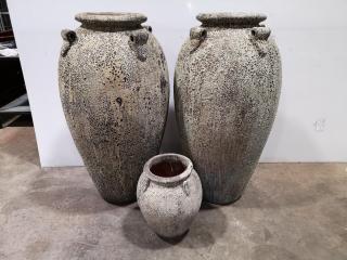 2x Large Ceramic Decorative Vases w/ 1x Matching Style Small Vase