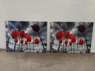 2 Sets of Flower Fabric Paintings