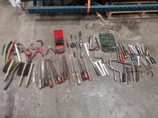 Assorted Lot of Hand Tools, Files, Brushes, Wrenches, Threaders & More