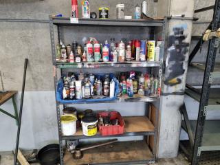 Assorted Used Automotive Sprays, Lubricants, Enamels, w/ Shelf Unit