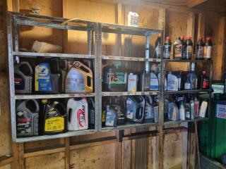 3x Wall Mounted Shelves w/ Automotive Oils & Fluids Partial Bottles