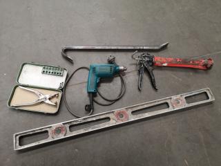 Assorted Tools, Power Drill, Level, Pry Bar, Clamp, More