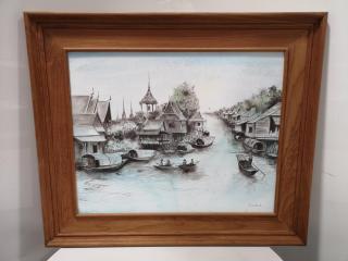 Asian River Scene Watercolour Art Painting, Framed