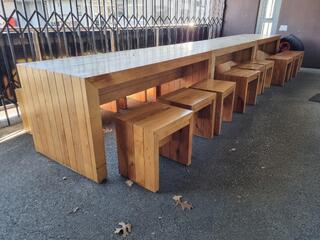 3x Wood Tables w/ 18x Wood Stools