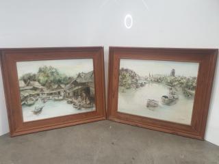 Pair of Traditional Asian River Scenery Watercolour Paintings
