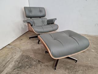 Eames Style Lounge Chair & Ottoman - Full Leather (Grey)