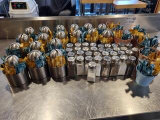 Assorted Salt & Pepper Shakers w/ Stainless Sweetener Holders